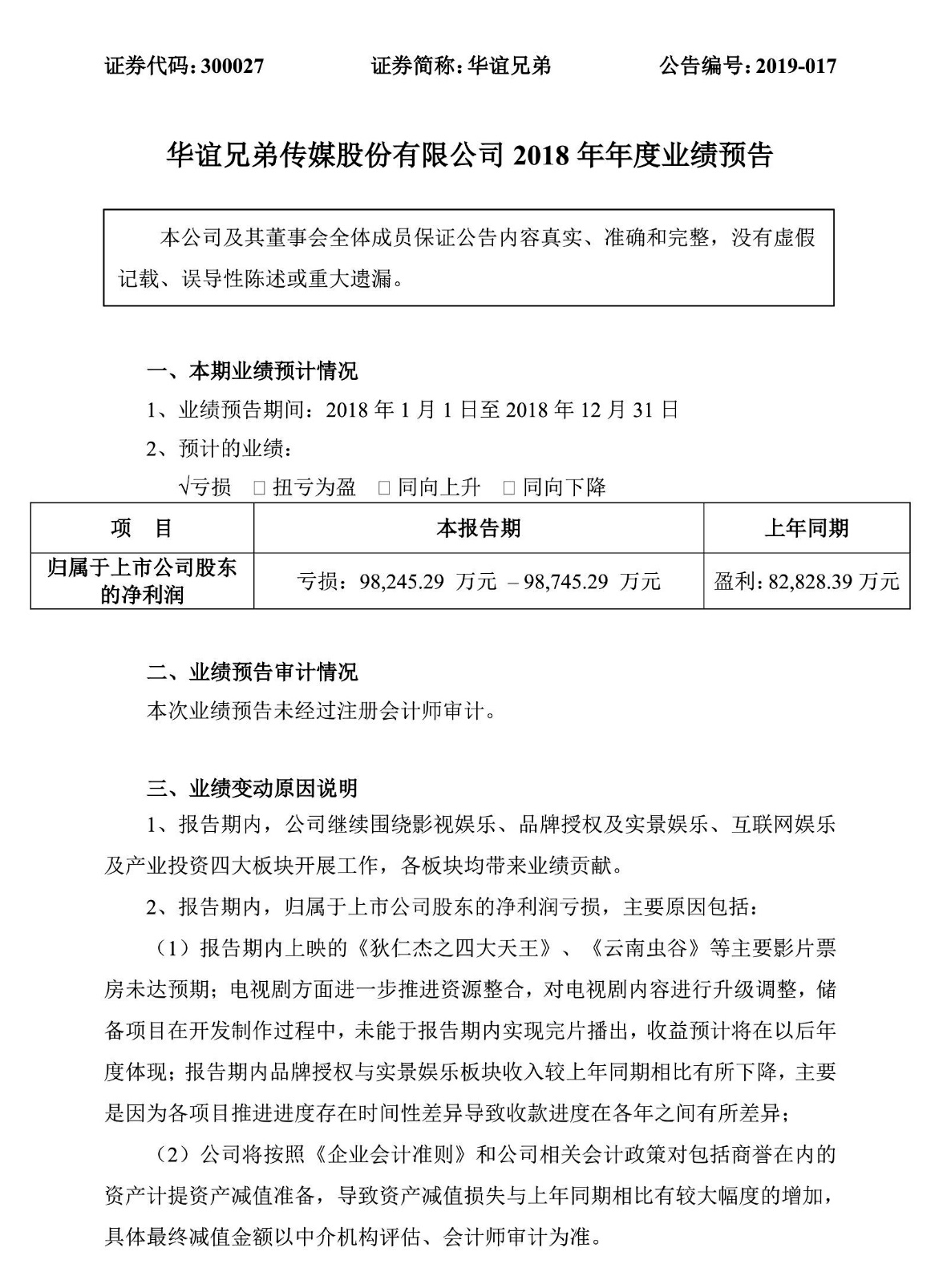 华谊兄弟2018年业绩预告发布 首次净利预亏 数额达近十亿